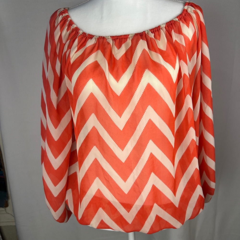 Emma Rose Medium Orange Cream Chevron Off Shoulder Long Sleeve Blouse Top